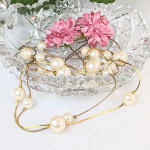 Pair of Vtg Gold Chain Pearl Ball Chain Station Necklaces Herringbone Minimalist